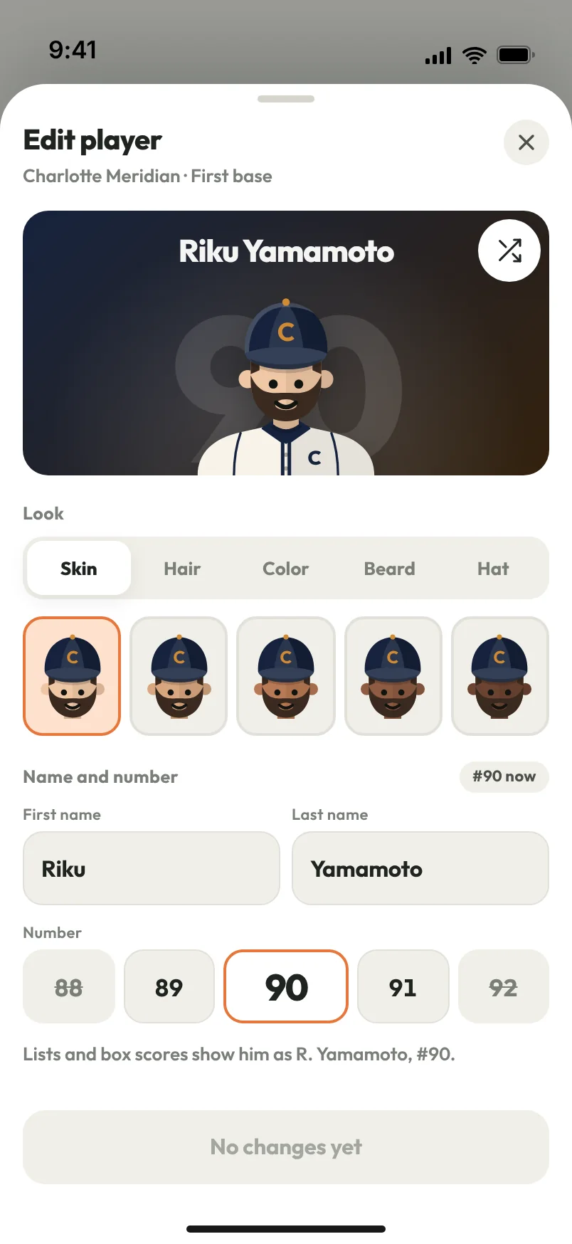 The Edit player sheet: a large portrait of Riku Yamamoto in his cap, five skin-tone tiles to choose from, his first and last name, and his number.