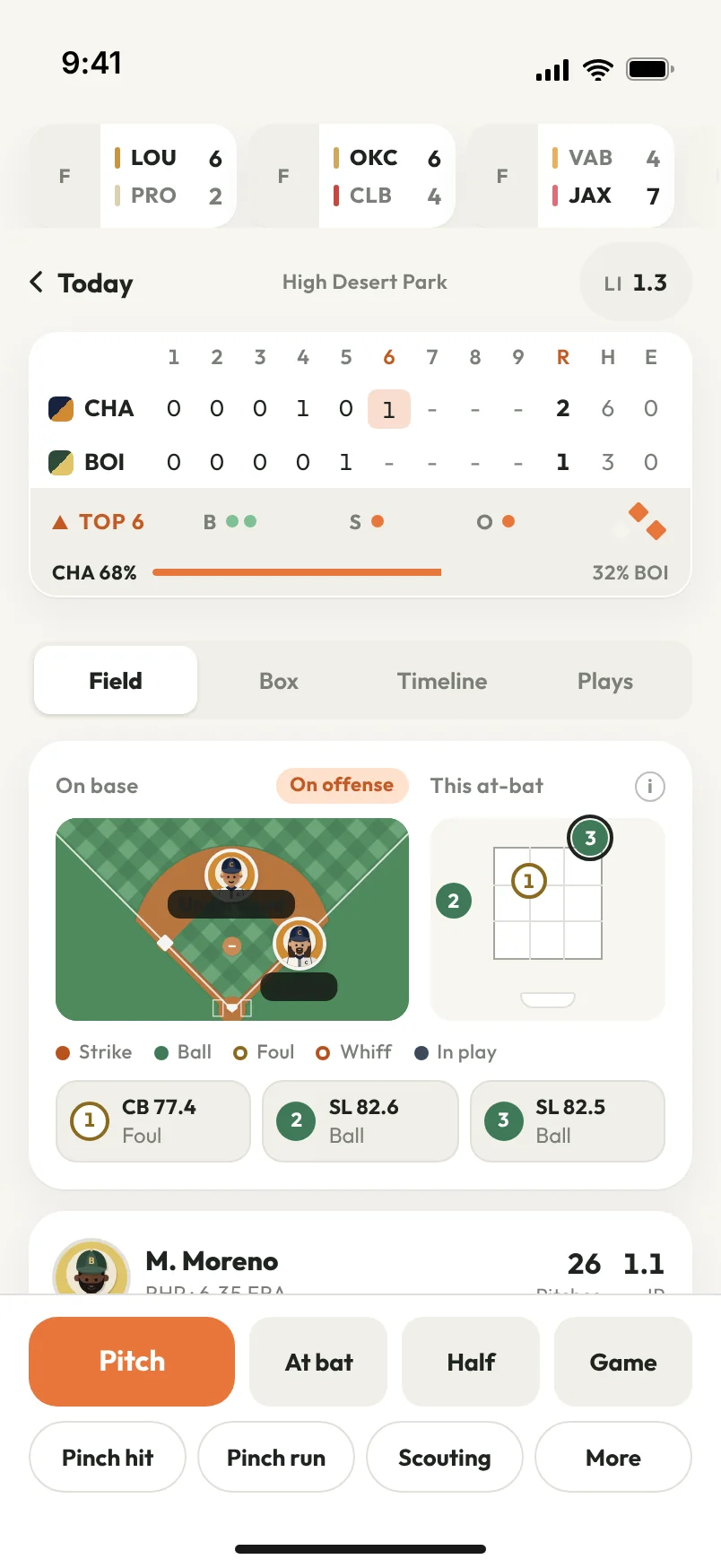 The live game: the line score in the top of the sixth, two runners on, the count, the pitch map for a three-pitch at-bat, and the Pitch button.