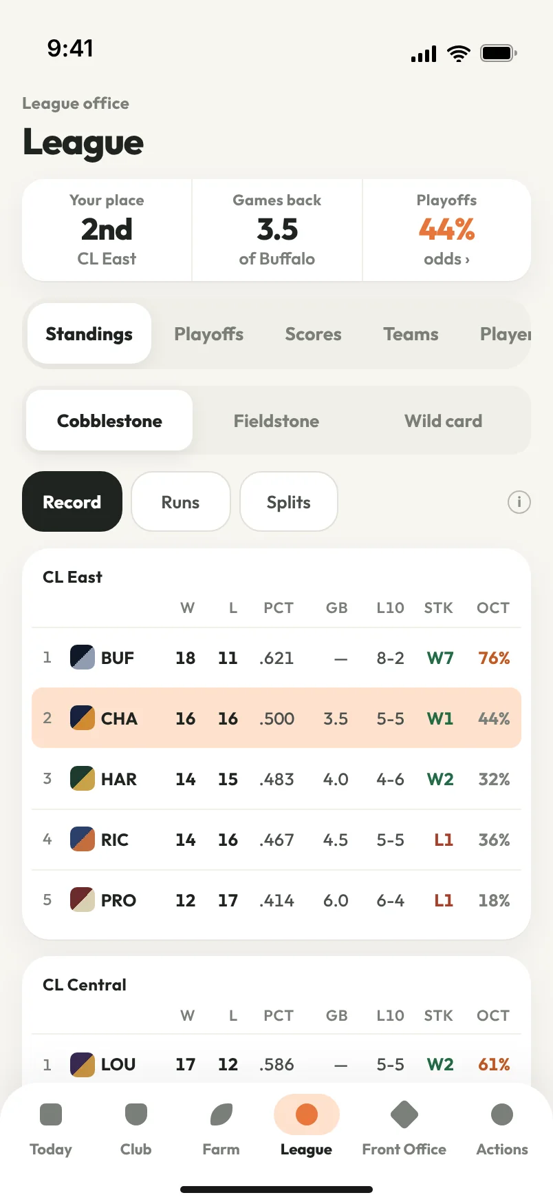 The League screen: your place, games back and playoff odds on a scoreboard, then division standings with wins, losses, games back, last ten, streak and October odds.