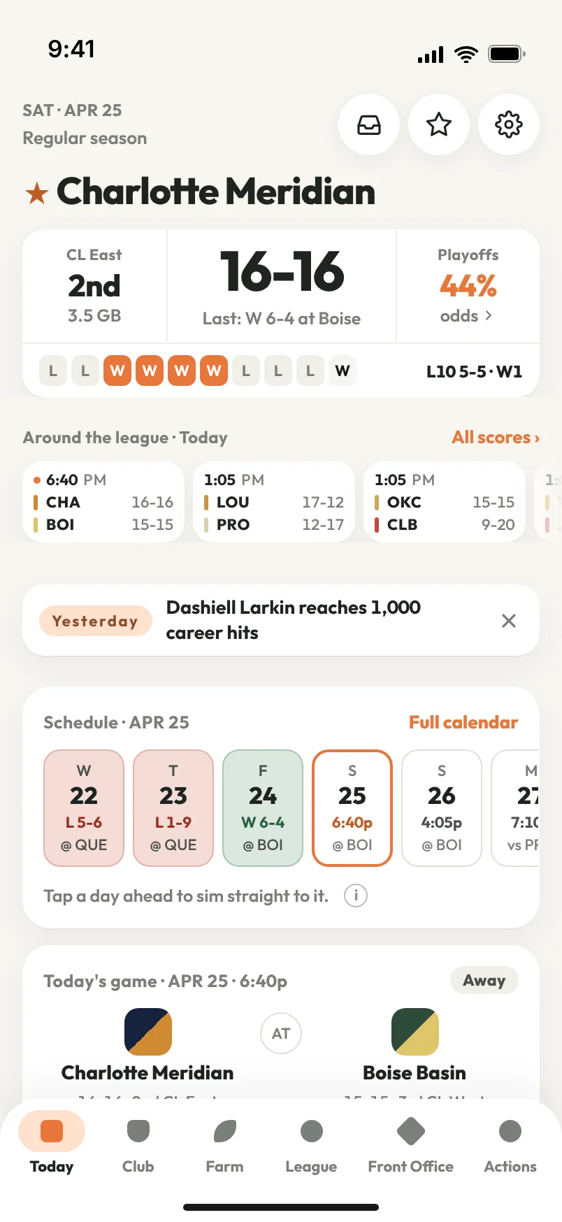 The Today screen: Charlotte Meridian at 16 and 16, second in the division with 44% playoff odds, the last ten results, the scores around the league, the week's schedule and tonight's game.